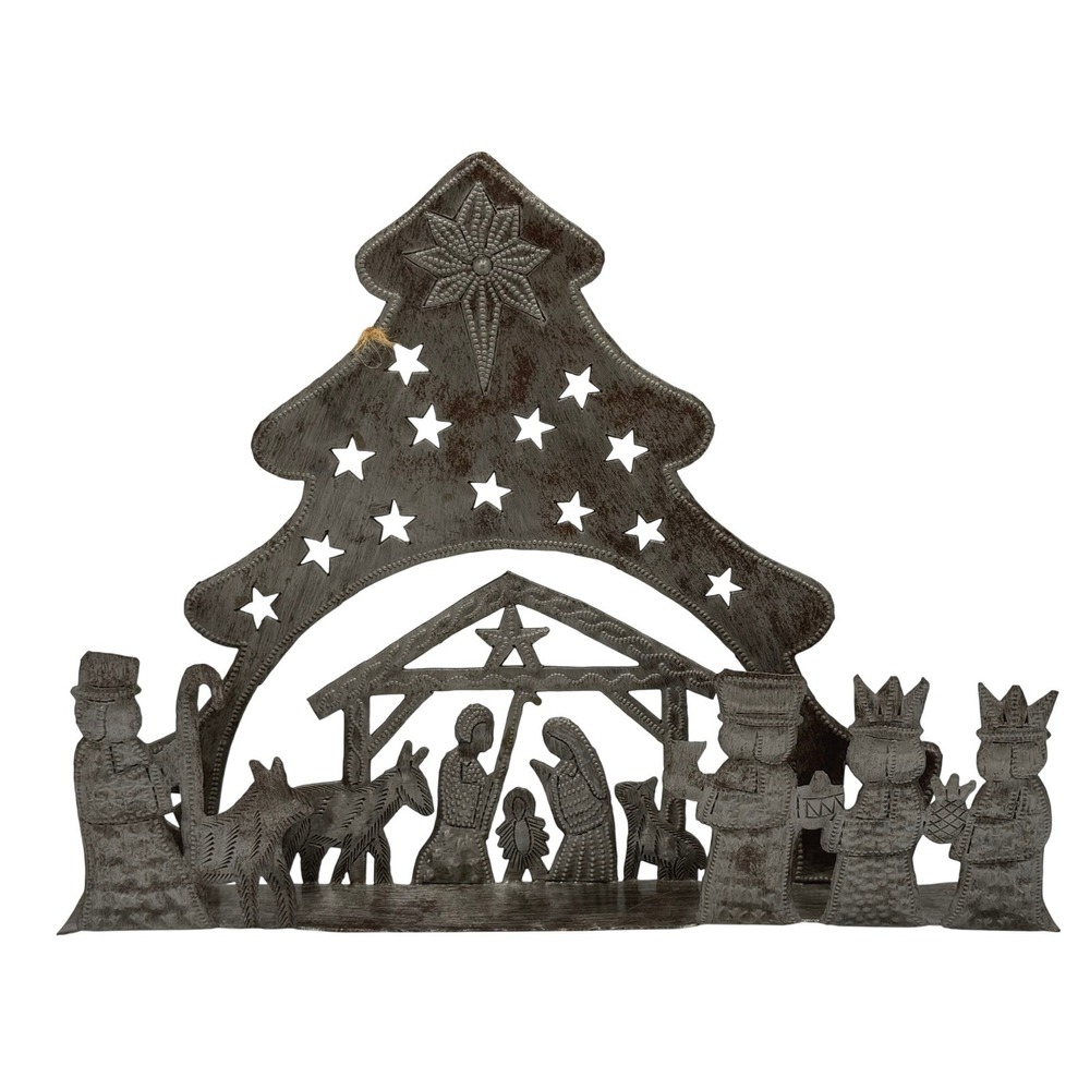 Haitian Metal Nativity Scene Recycled Steel Drum Art Christmas Creche 13.5"
